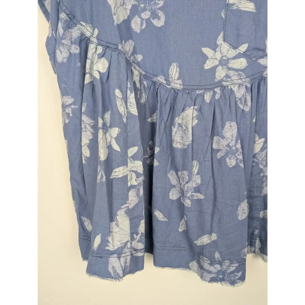 Free People Top Moon City Printed Tee Floral Boho Babydoll Linen Blue Size XS